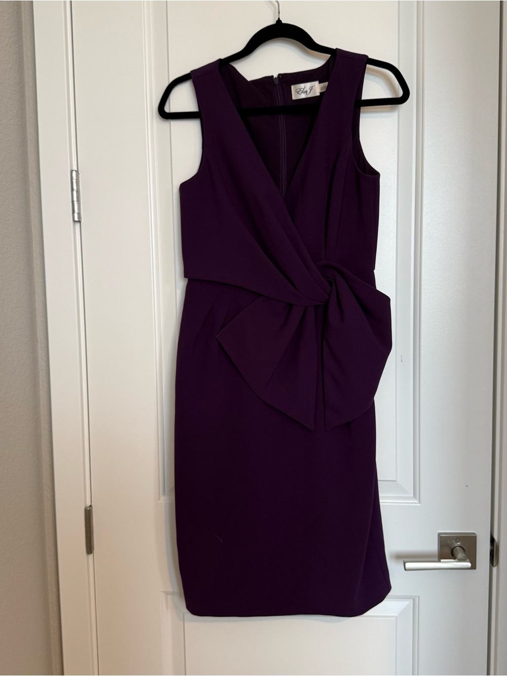 Eliza J Purple Surplice Neck Pleated Bow Sheath Cocktail Midi Dress Size 4